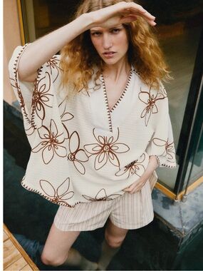 ZARA Embroidered Caftan Blouse in ecru/brown